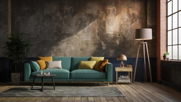 Vintage style empty room with old wall on background side table and floor lamp 3d rendering