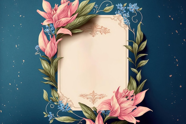 Vintage style floral wedding invitation with pink lily blossoms and leaves in a blue frame