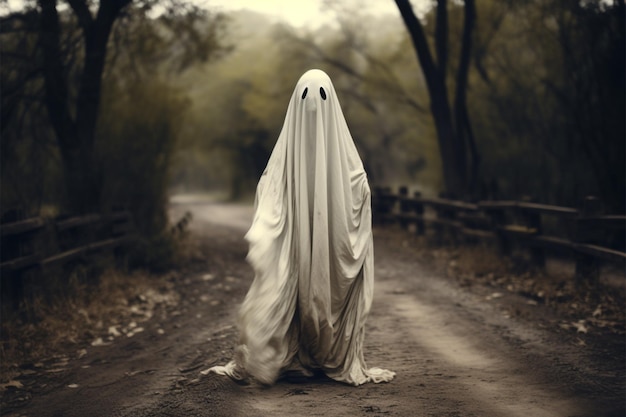 Vintage style grainy image of a ghost on a rural path