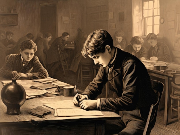 Foto illustrazione in stile vintage di un ragazzo a scuola