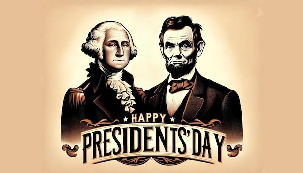 워싱턴과 링컨의 초상화와 함께 대통령의 날을 위한 카드의 빈티지 스타일 일러스트레이션