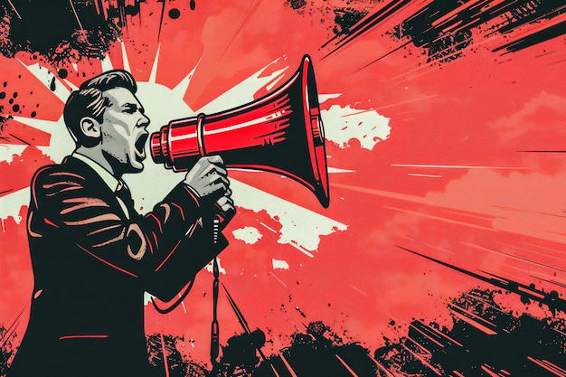 Photo vintage style illustration of man shouting through megaphone with abstract red burst background