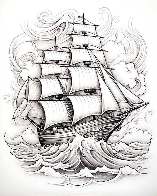 Vintage Style Inked Sail Boat