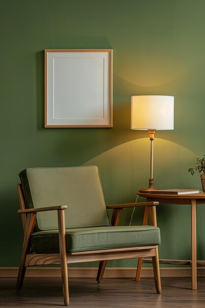 Vintage style interior with an empty frame on a green wall Ratio frame 4x5