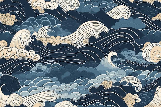 A vintage style japanese crashing wave background Seamless pattern Generative ai