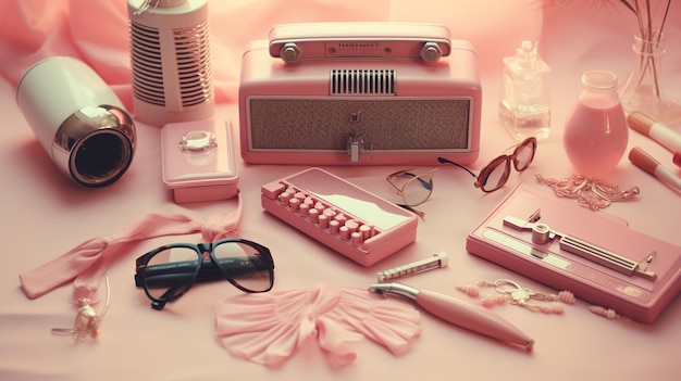 Foto layout in stile vintage con asciugatrice rosa, forbici, bottiglia di trucco e nastro adesivo su pastello