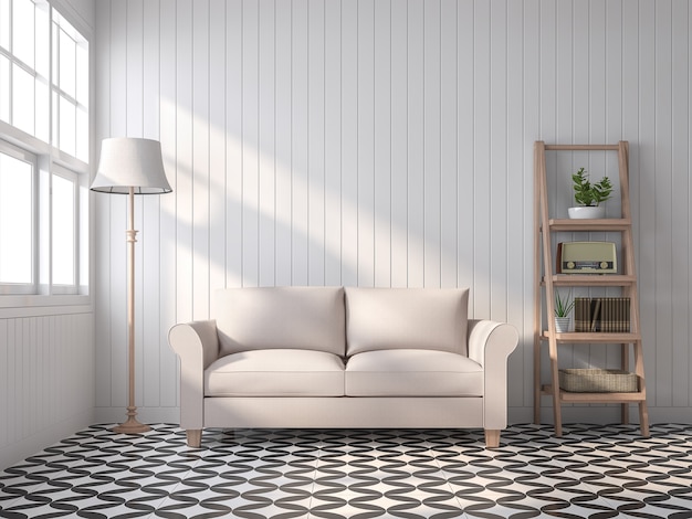 ヴィンテージスタイルのリビングルームの3Dレンダリングは黒と白のパターンのタイルの床白い板の壁があります