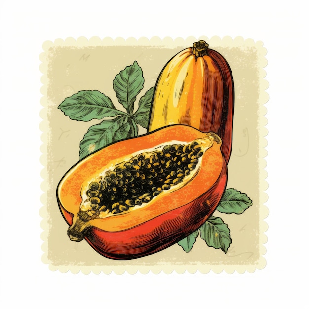 Photo vintage style papaya fruit illustration with nostalgic paintings