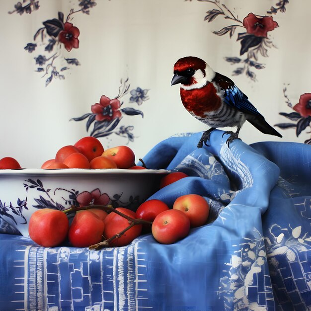 Photo vintage style photo of bunch of red cherries sitting on an old chipped plate coloured blue and white