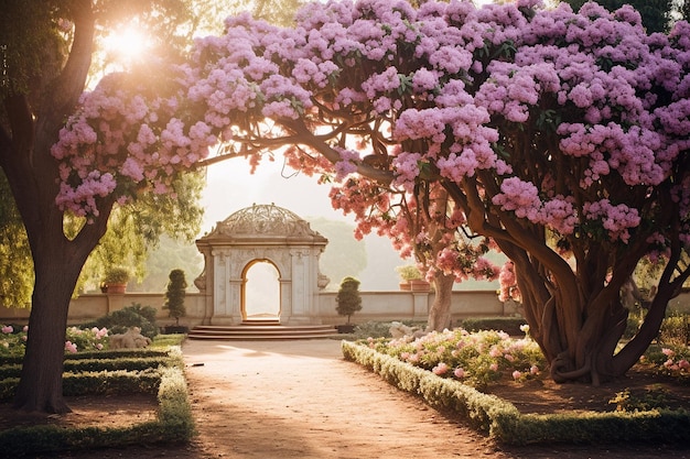 A vintage style photo of a rose garden in soft focus