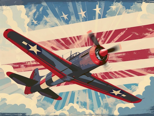Photo vintage style poster of an american fighter plane flying in the sky