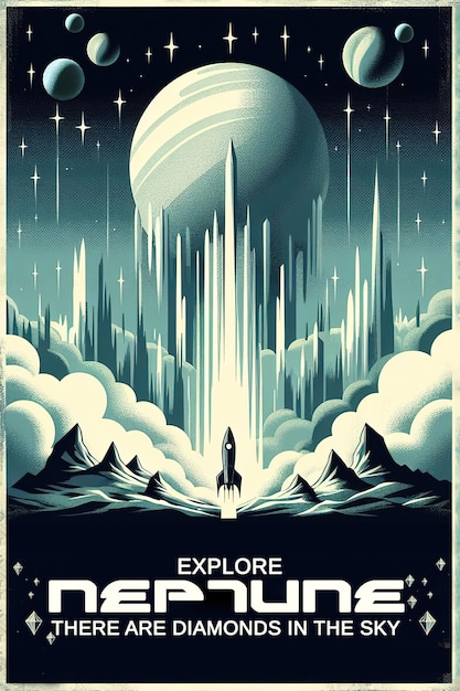 Photo vintage style poster inviting to explore neptune