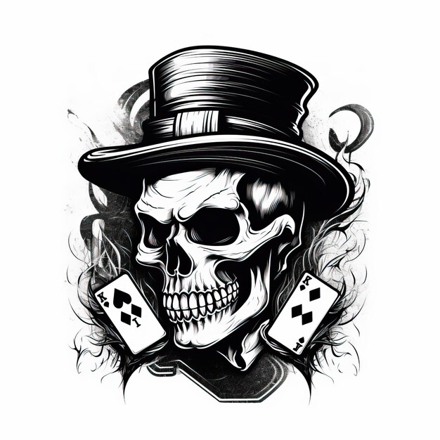 Photo vintage style of a skull in a straw hat with a cigar and playing cards in the style of monochromat