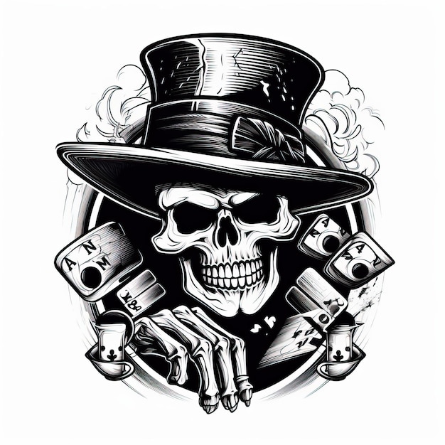 Photo vintage style of a skull in a straw hat with a cigar and playing cards in the style of monochromat