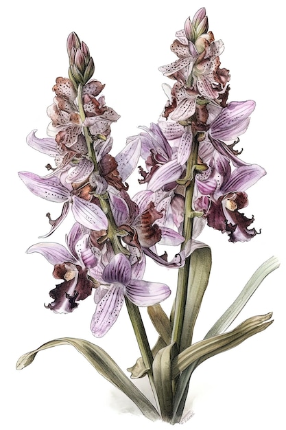 Vintage style watercolor painting of a spike of Orchis purpurea Generative AI