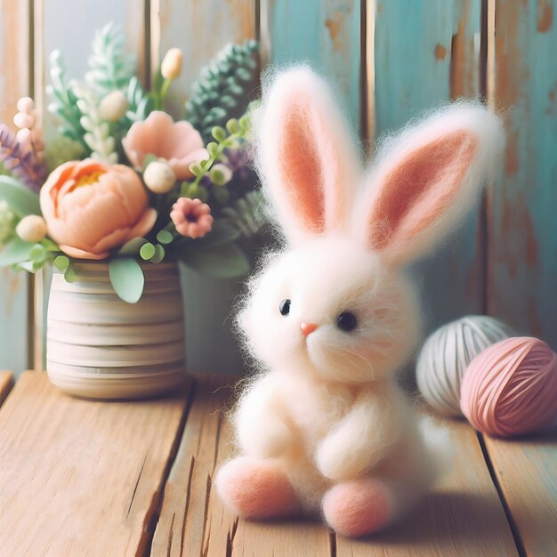 Vintage Style Woolen Rabbit on Wooden Background