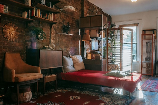 Vintage styled bedroom interior with classic wooden furniture and bookshelves decorated weathered