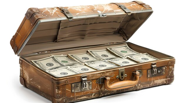 Vintage Suitcase Full of Cash a Picture of Wealth and Savings Conceptual Representation of Financial Success and Treasure RoyaltyFree Stock Image AI