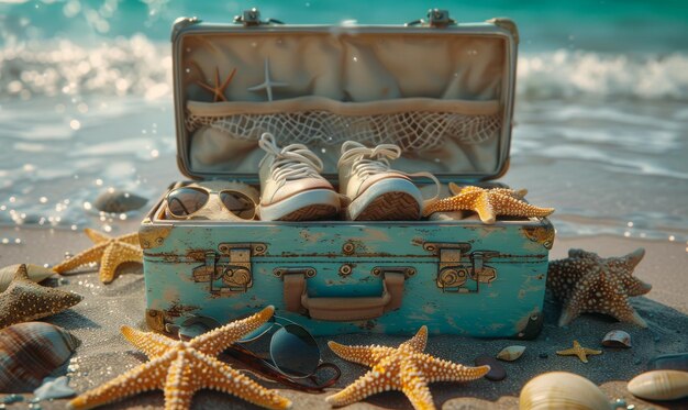 Vintage suitcase and seashells on the beach