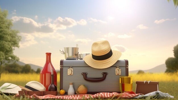 A vintage suitcase with a hat on top of it and a hat on the top.