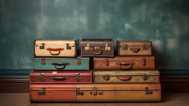 vintage suitcases on the wooden wall background