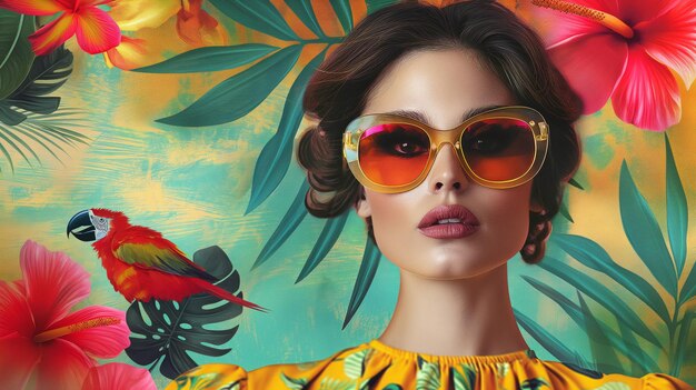 Vintage summer collage with a chic woman in sunglasses surrounded by tropical elements
