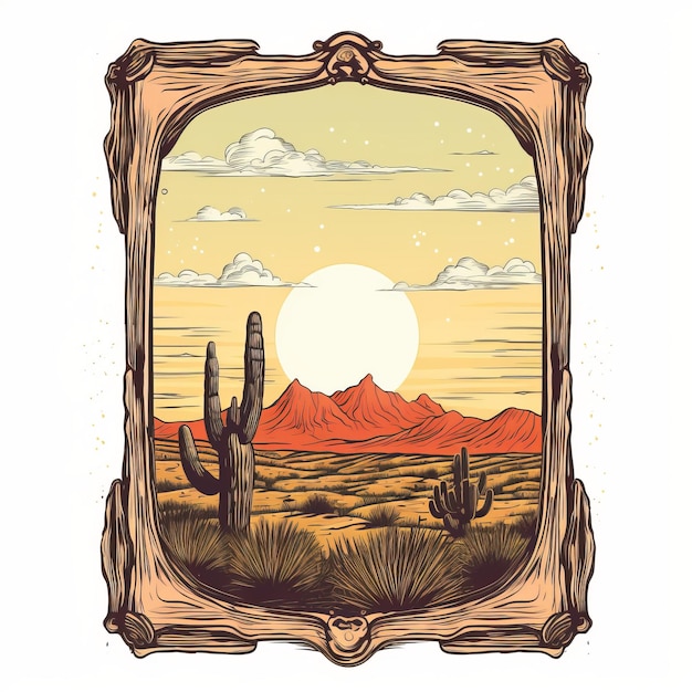 Vintage Sunset Desert Picture Frame Vector Graphics On White Background