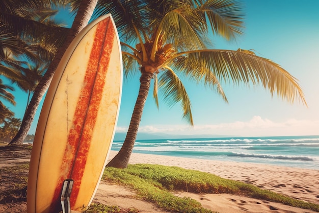 Vintage surfplank met palmboom op een tropisch strand in de zomer