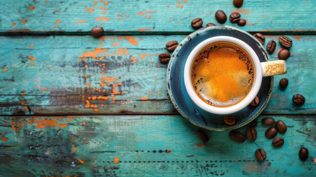 Vintage table adorned with an espresso coffee cup and beans promising rich flavors