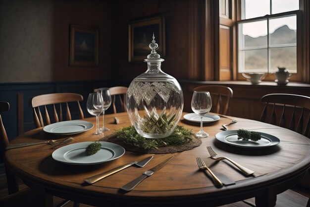 Photo vintage table setting with cutlery and wine glasses in restaurant generative ai