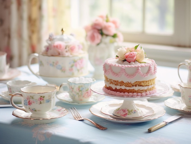 Vintage table with teapot cups and rosescake