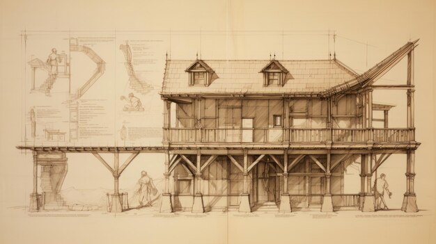 A vintage technical draw of a architecture buildings in the style of sketches by leonardo da vinci