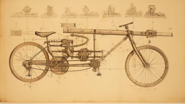 Винтажный технический рисунок велосипедаТранспорт в стиле эскизов Леонардо да Винчи