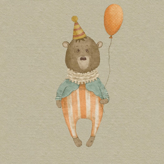 винтажный плюшевый мишка цирковой клоун, детская иллюстрация для цирковой вечеринки, цирковой плакат, приглашение на вечеринку