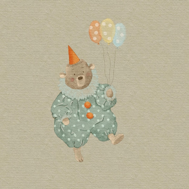 Vintage teddy bear circus clown, kids illustration for circus\
party, circus poster, party invitation