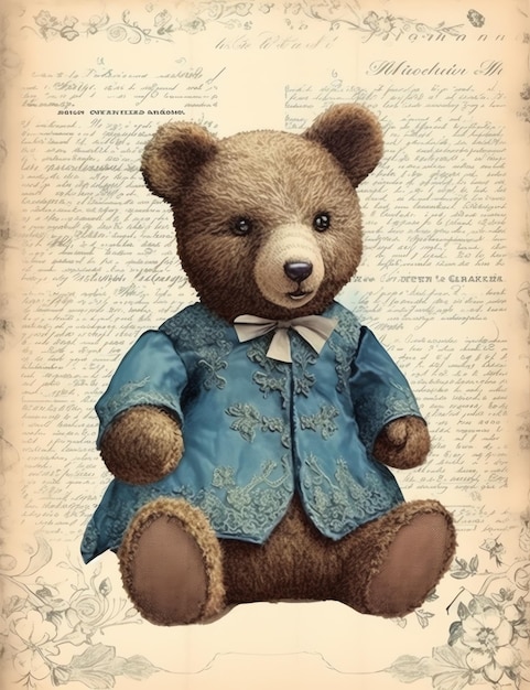 Photo vintage teddy bear old paper junk journal digital paper