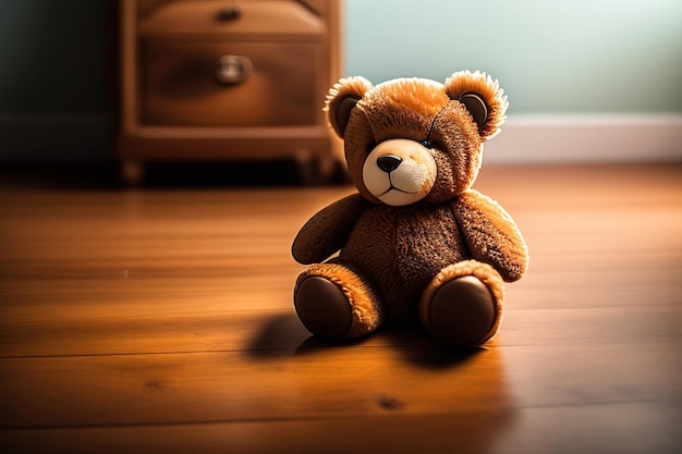 Vintage teddy bear on wooden floor