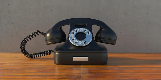 Vintage telephone black old phone wooden table 3d illustration