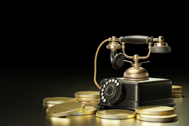 Telefono vintage sopra le monete d'oro impilate in uno sfondo nero scuro. illustrazione 3d.