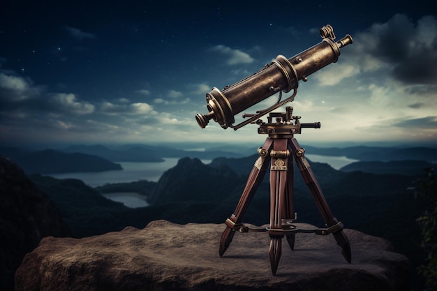 A vintage telescope perched atop a precipice affords an aweinspiring glimpse of a heavenly spectacle in the night sky