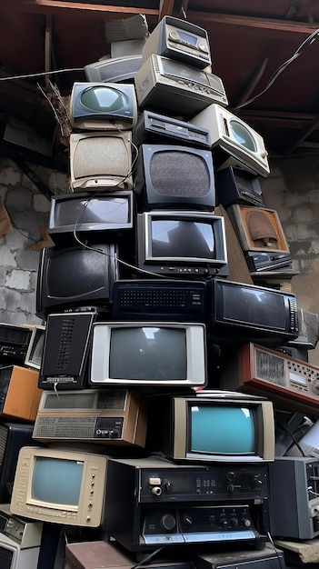 Vintage televisie- en radiotoren Vintage televisietoestellen verticaal gerangschikt Einde van televisieconcept