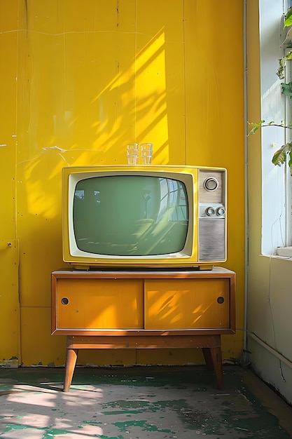 A vintage television set sits on a wooden stand in front of a yellow wall