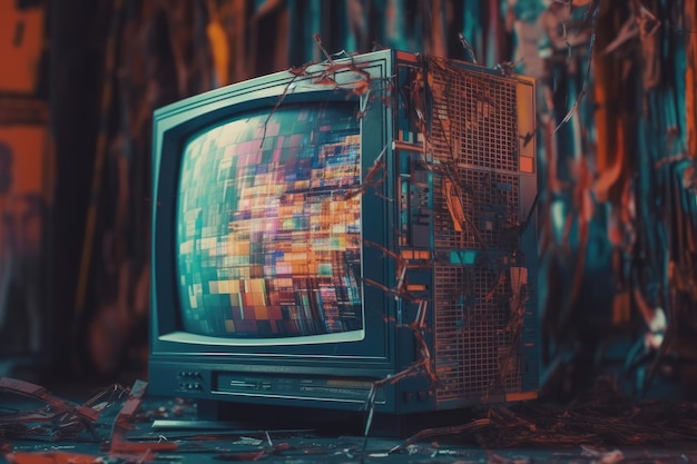 A vintage television with a broken screen and a broken screen.