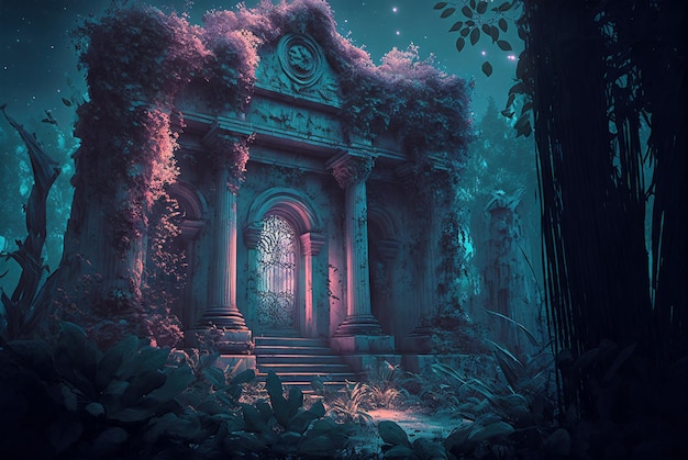 Vintage temple in dark jungle old ruins in fantasy tropical forest generative AI