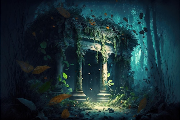 Vintage temple in jungle at night old overgrown ruins in tropical forest generative AI