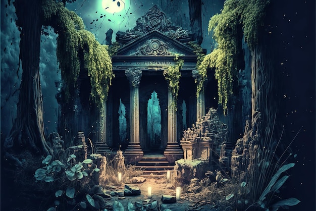 Vintage temple in jungle at night old overgrown ruins in tropical forest generative AI