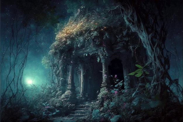 Vintage temple in jungle at night old ruins in fantasy tropical forest generative ai