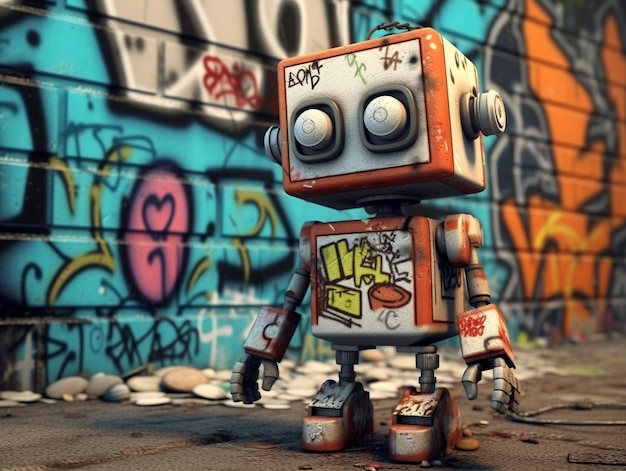 Винтажный оловянный робот на гранж-фоне, 3d иллюстрация