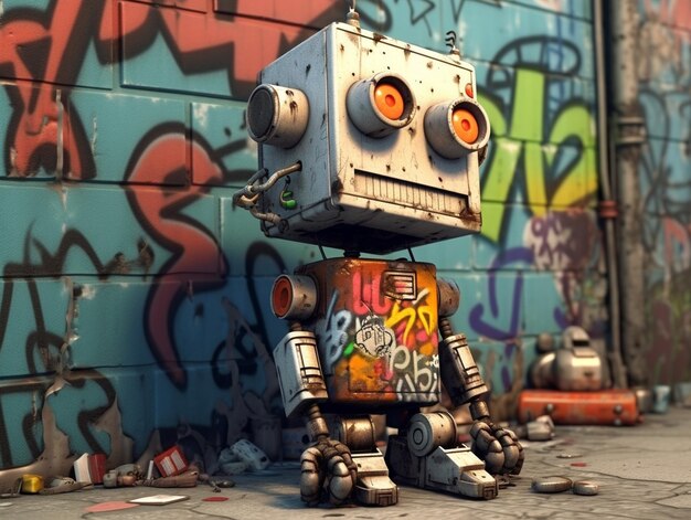 Vintage tin robot on grunge background 3d illustration