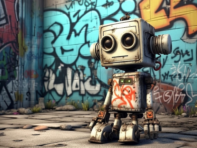 Vintage tin robot op grunge achtergrond 3d illustratie
